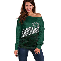 Hawaii Rainbow Warriors Alumni Custom Off Shoulder Sweater Kanaka Arrows Tropical Vibes LT7 Women Green - Polynesian Pride