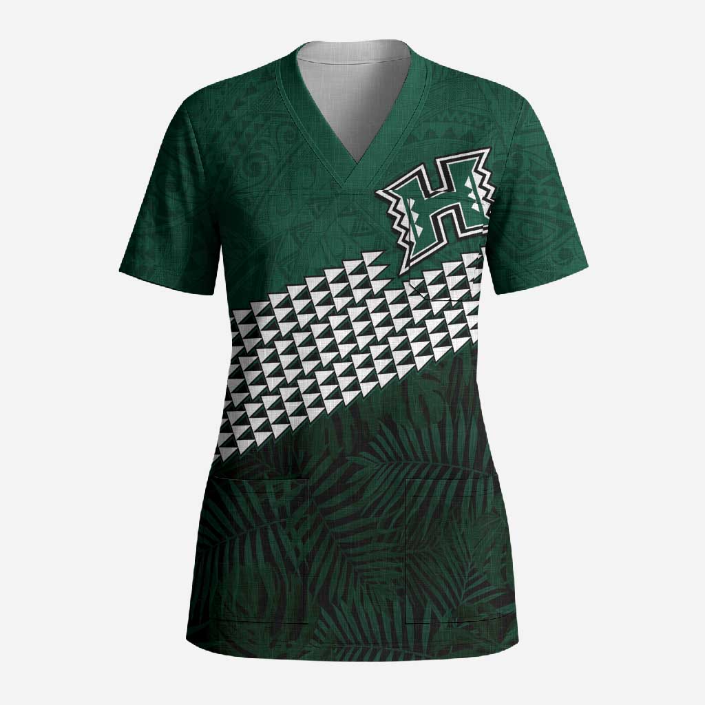 Hawaii Rainbow Warriors Alumni Custom Scrub Top Kanaka Arrows Tropical Vibes LT7 Adult Green - Polynesian Pride