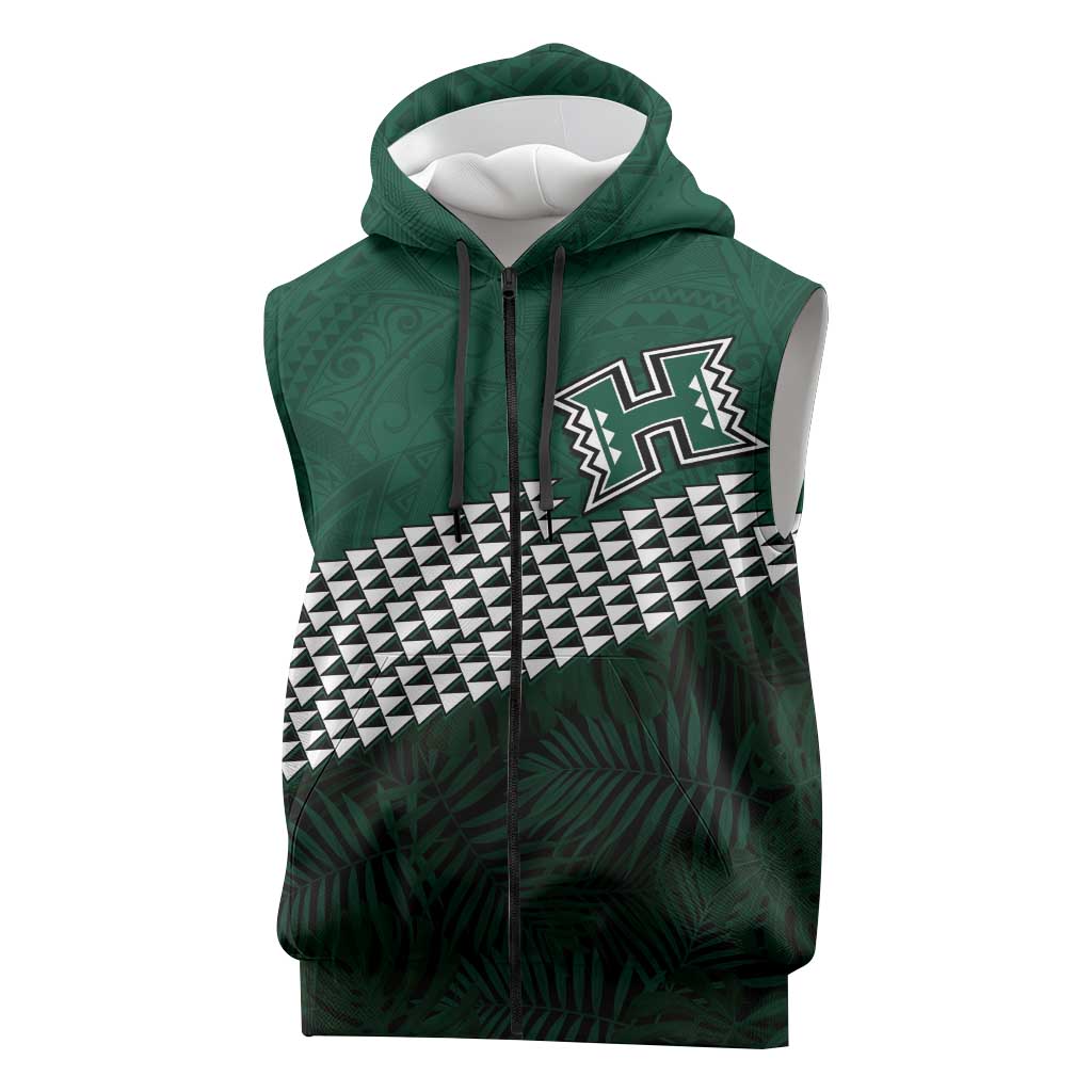 Hawaii Rainbow Warriors Alumni Custom Sleeveless Zip Hoodie Kanaka Arrows Tropical Vibes LT7 Green - Polynesian Pride
