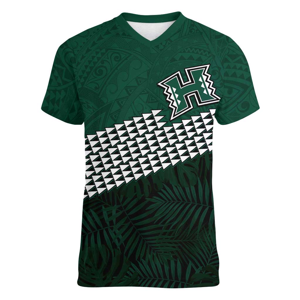 Hawaii Rainbow Warriors Alumni Custom Women V-Neck T-Shirt Kanaka Arrows Tropical Vibes LT7 Female Green - Polynesian Pride