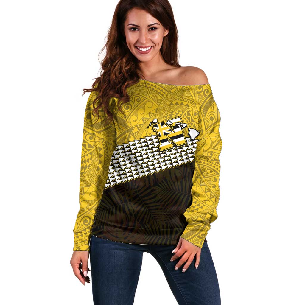 Hawaii Nanakuli High Alumni Custom Off Shoulder Sweater Kanaka Arrows Tropical Vibes LT7 Women Yellow Black - Polynesian Pride