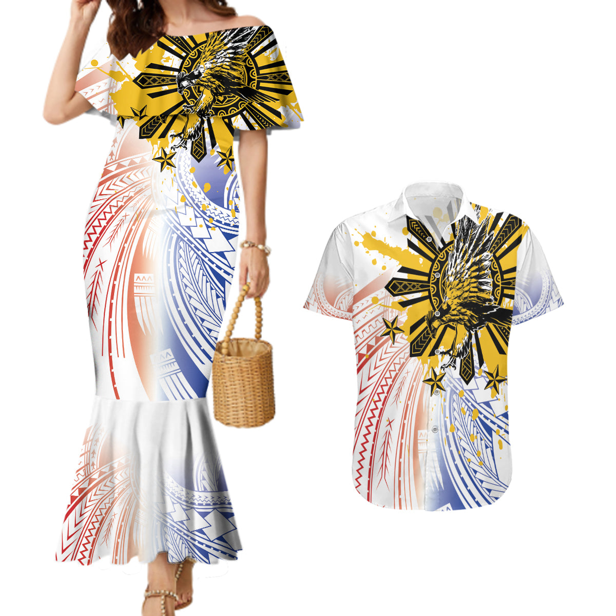 Philippines Independence Day Couples Matching Mermaid Dress and Hawaiian Shirt Eagle Mix Filipino Flag Tribal Style