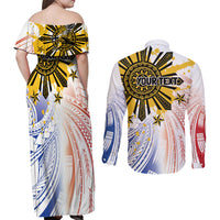 Philippines Independence Day Couples Matching Off Shoulder Maxi Dress and Long Sleeve Button Shirt Eagle Mix Filipino Flag Tribal Style
