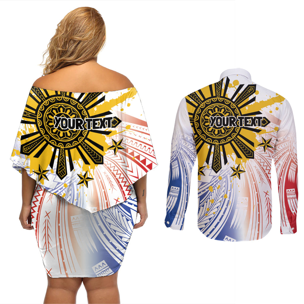 Philippines Independence Day Couples Matching Off Shoulder Short Dress and Long Sleeve Button Shirt Eagle Mix Filipino Flag Tribal Style