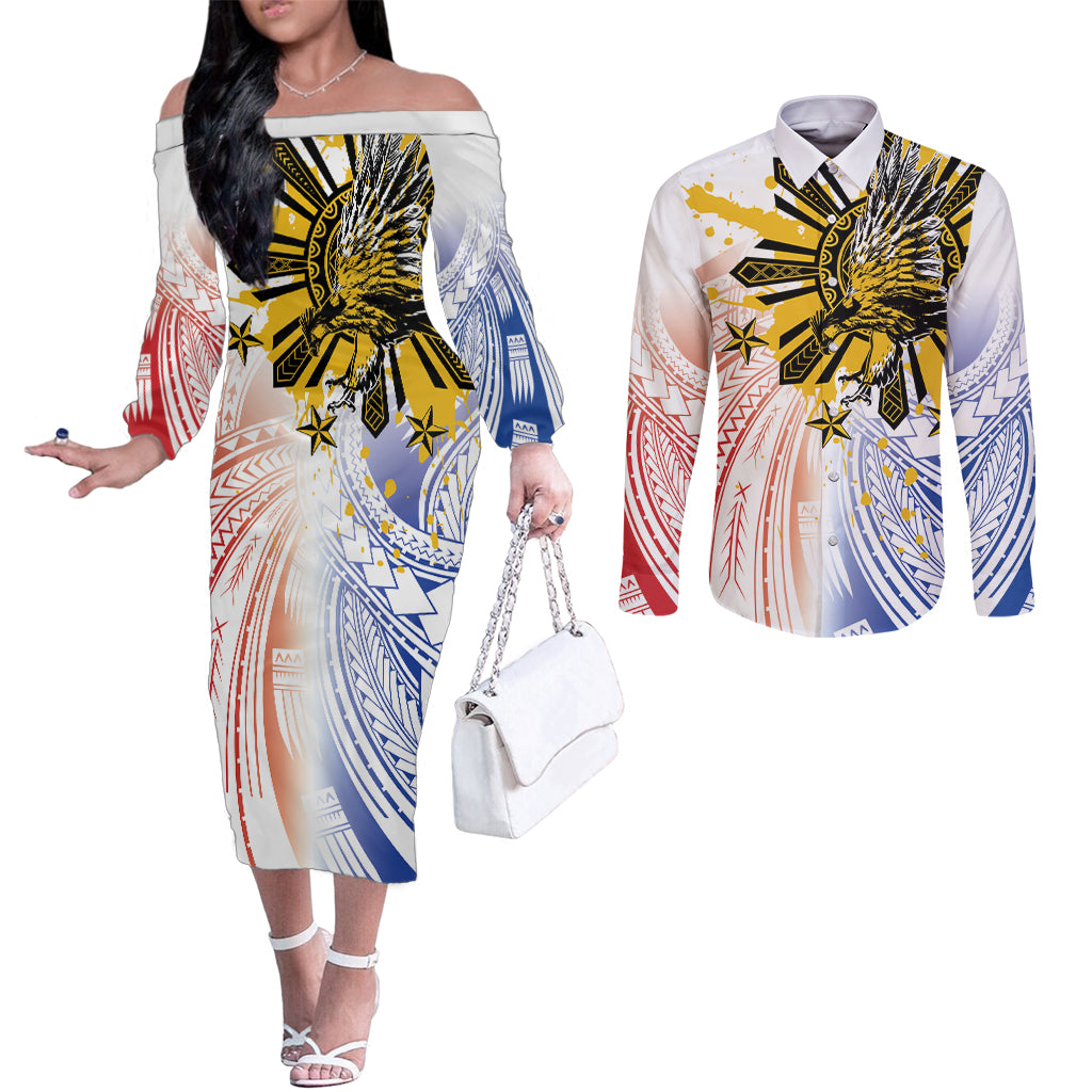 Philippines Independence Day Couples Matching Off The Shoulder Long Sleeve Dress and Long Sleeve Button Shirt Eagle Mix Filipino Flag Tribal Style