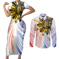 Philippines Independence Day Couples Matching Short Sleeve Bodycon Dress and Long Sleeve Button Shirt Eagle Mix Filipino Flag Tribal Style