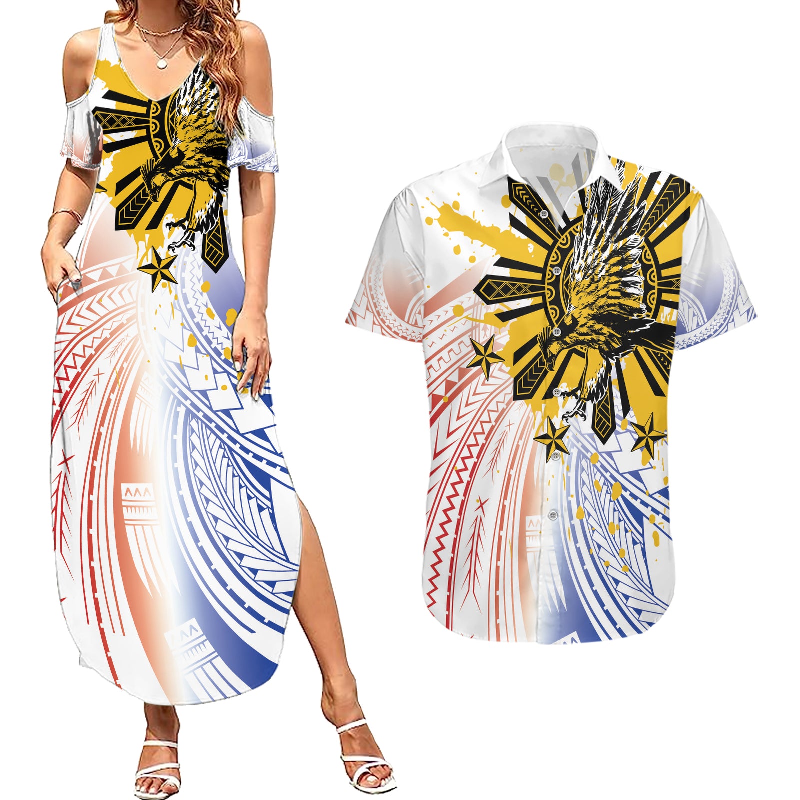 Philippines Independence Day Couples Matching Summer Maxi Dress and Hawaiian Shirt Eagle Mix Filipino Flag Tribal Style