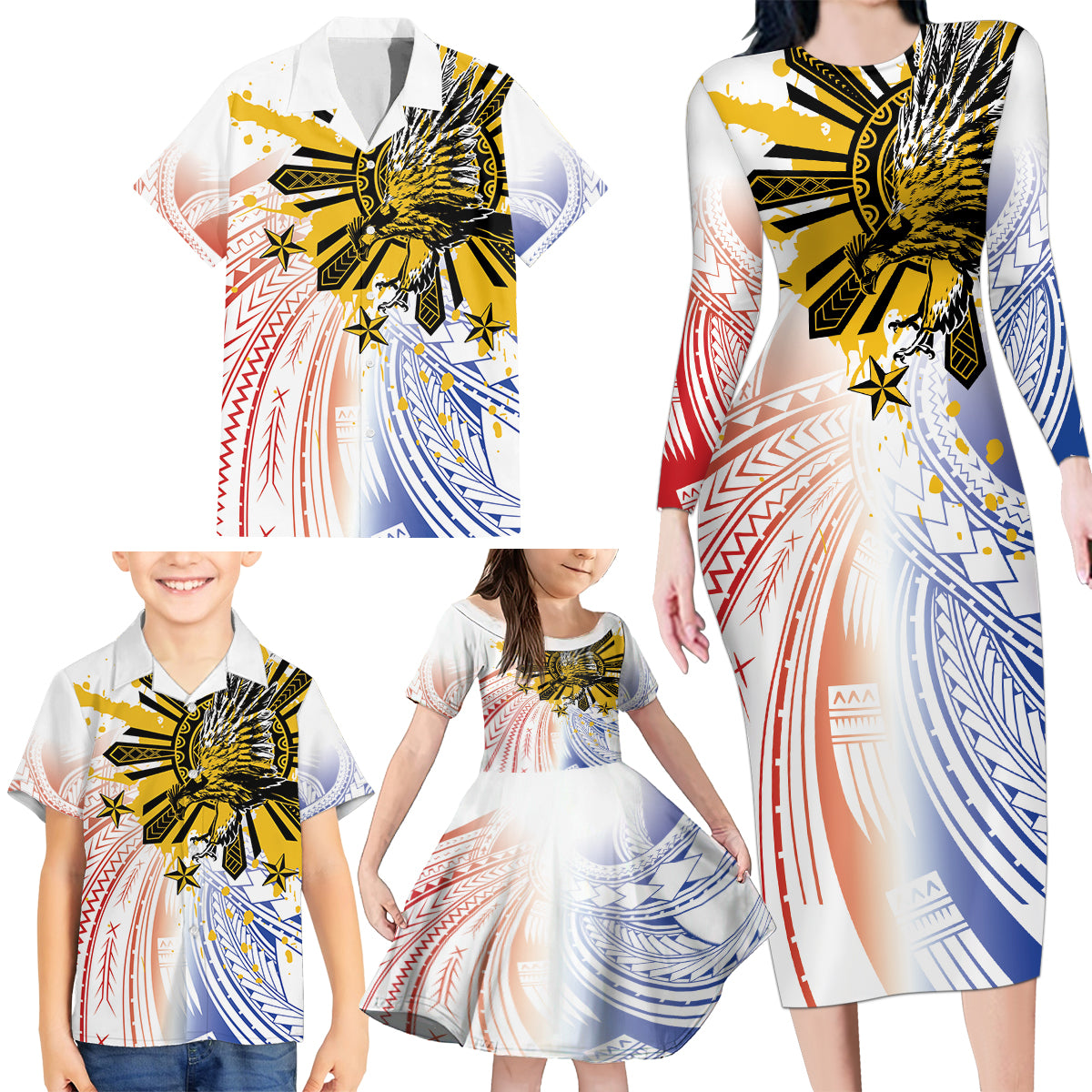 Philippines Independence Day Family Matching Long Sleeve Bodycon Dress and Hawaiian Shirt Eagle Mix Filipino Flag Tribal Style