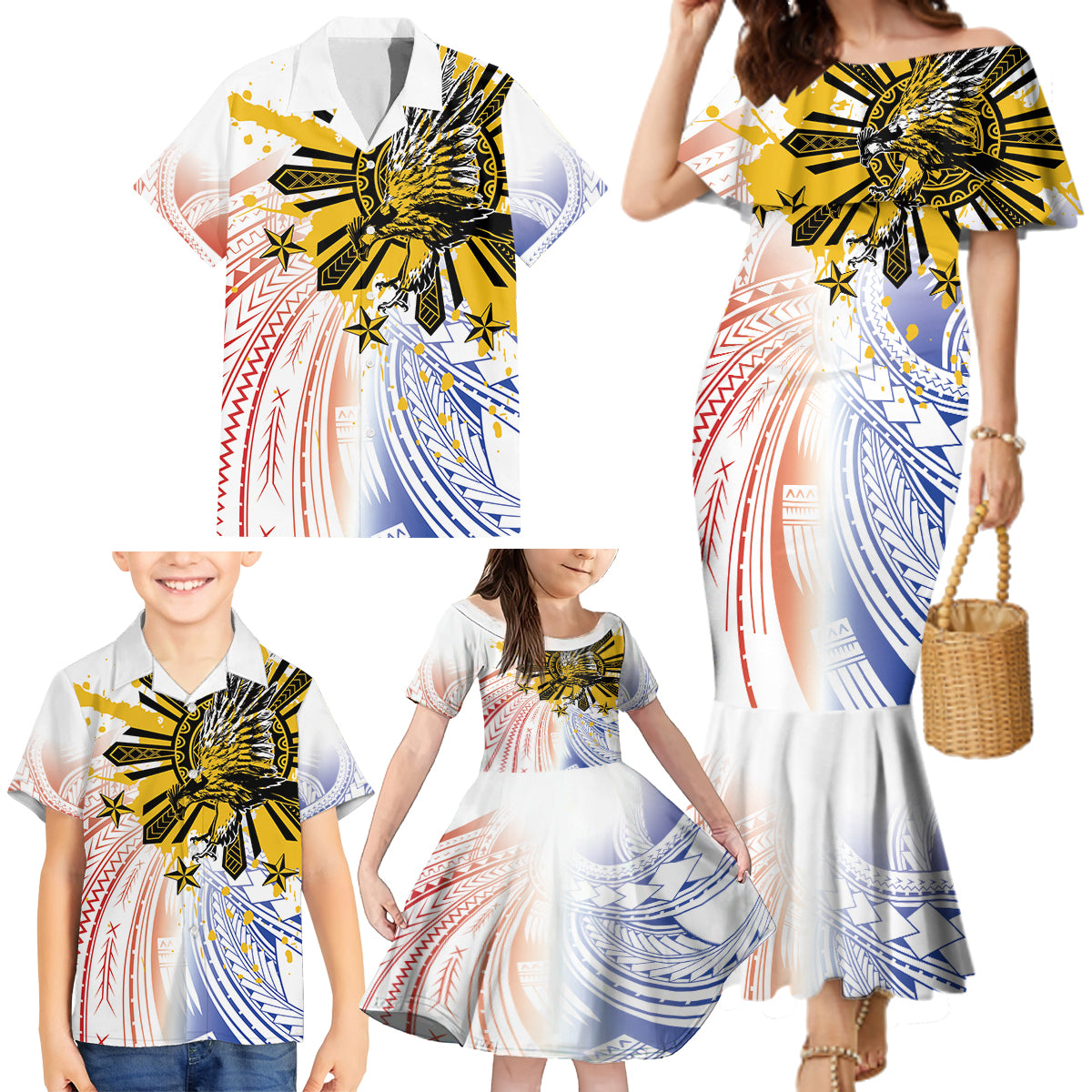 Philippines Independence Day Family Matching Mermaid Dress and Hawaiian Shirt Eagle Mix Filipino Flag Tribal Style