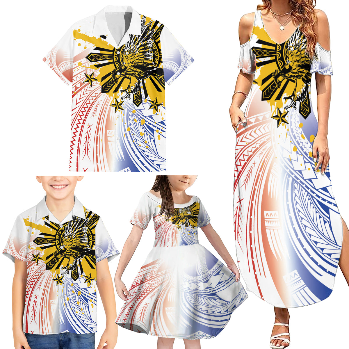 Philippines Independence Day Family Matching Summer Maxi Dress and Hawaiian Shirt Eagle Mix Filipino Flag Tribal Style