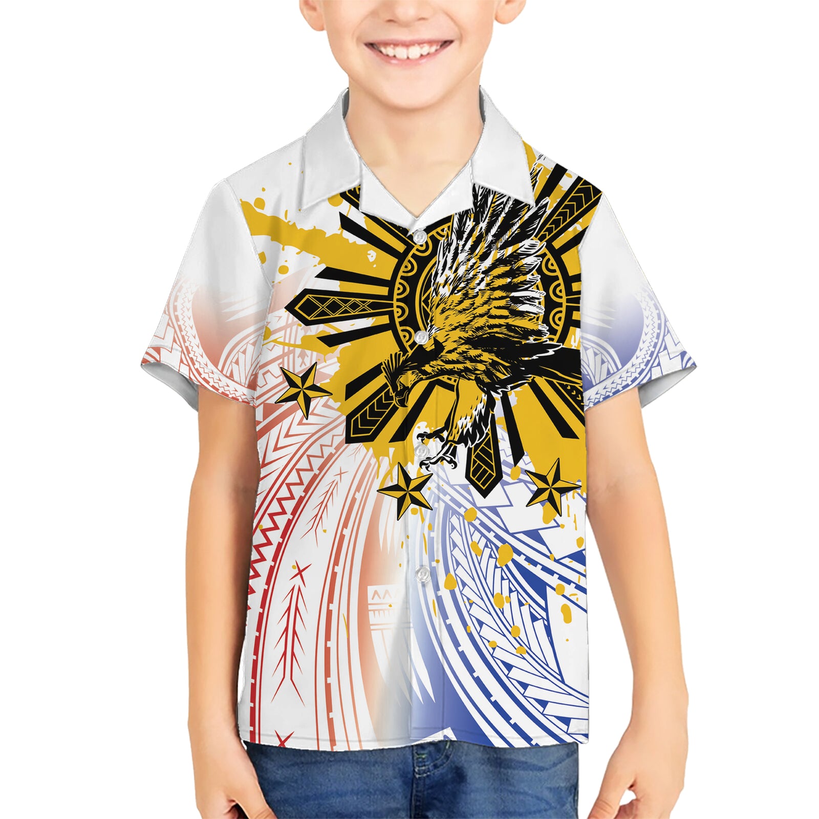 Philippines Independence Day Kid Hawaiian Shirt Eagle Mix Filipino Flag Tribal Style