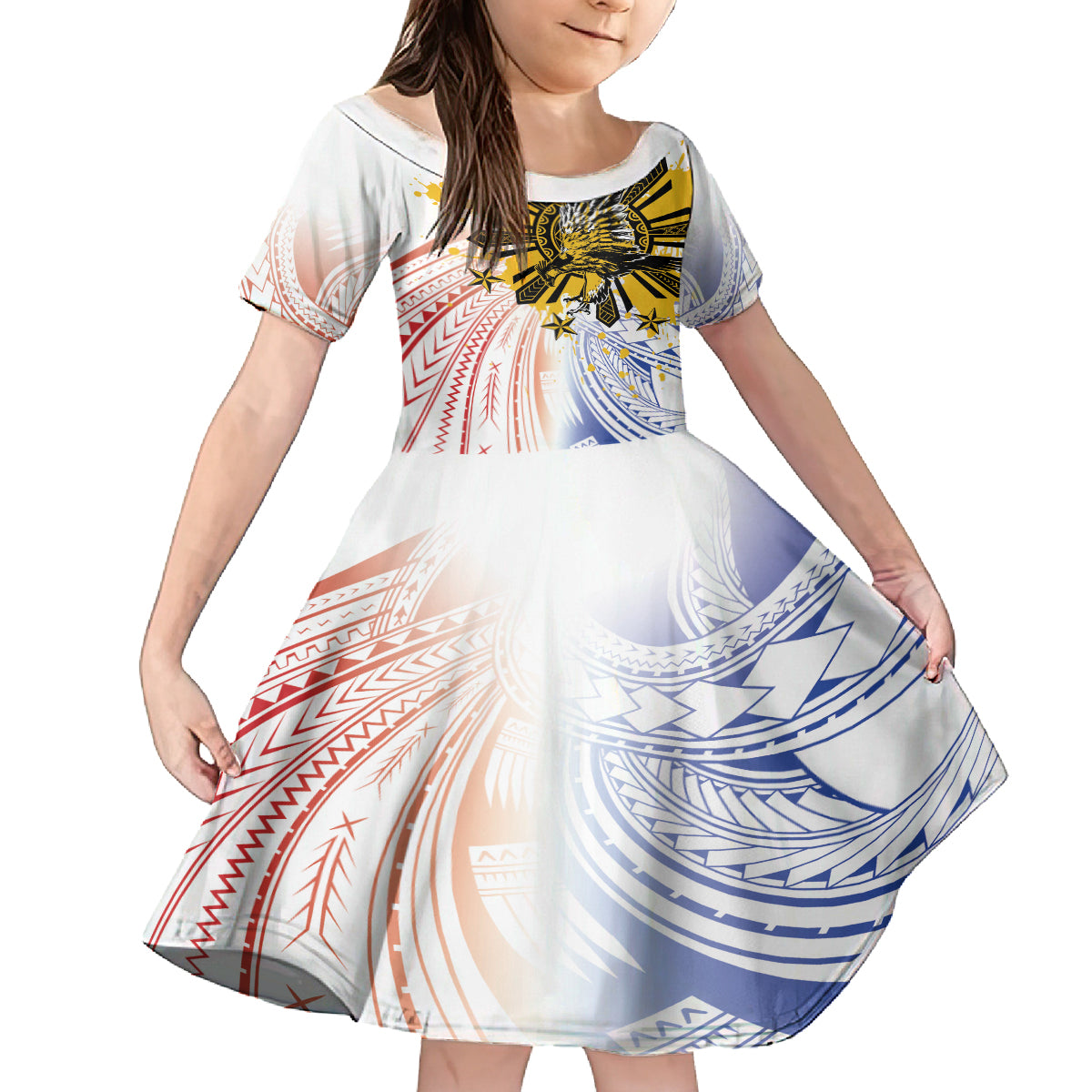 Philippines Independence Day Kid Short Sleeve Dress Eagle Mix Filipino Flag Tribal Style