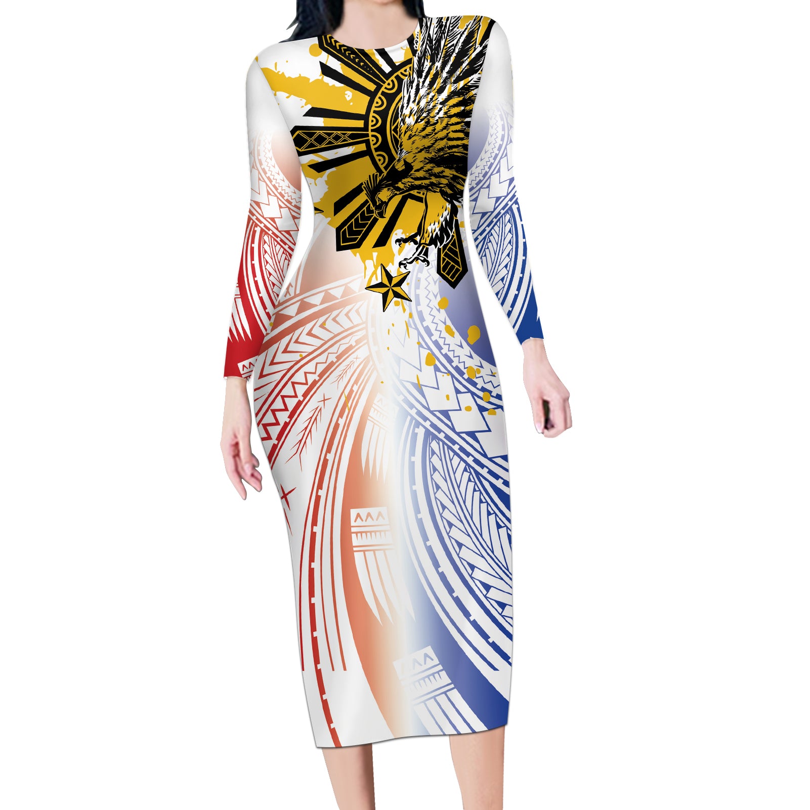 Philippines Independence Day Long Sleeve Bodycon Dress Eagle Mix Filipino Flag Tribal Style