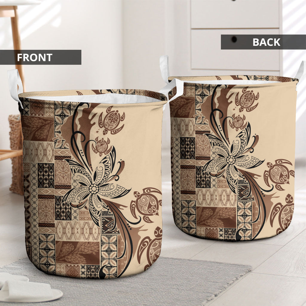 Talofa Samoa Mamanu Siapo Mix Malu Laundry Basket Classic Beige Frangipani and Turtles LT7 - Polynesian Pride