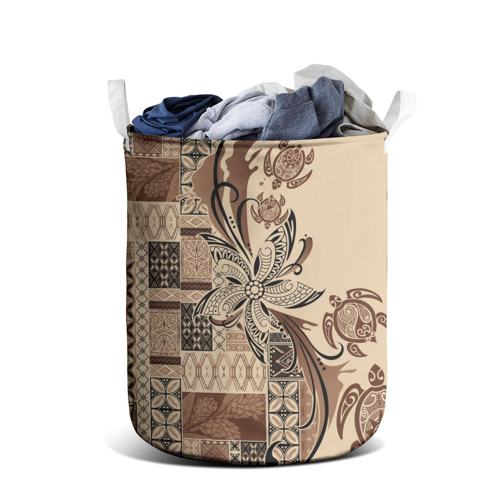 Talofa Samoa Mamanu Siapo Mix Malu Laundry Basket Classic Beige Frangipani and Turtles LT7 - Polynesian Pride