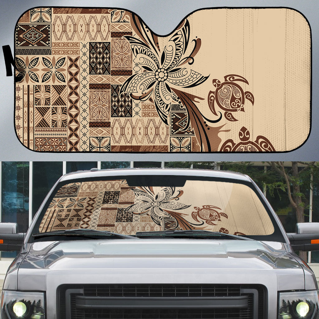 Talofa Samoa Mamanu Siapo Mix Malu Auto Sun Shade Classic Beige Frangipani and Turtles LT7 Beige - Polynesian Pride