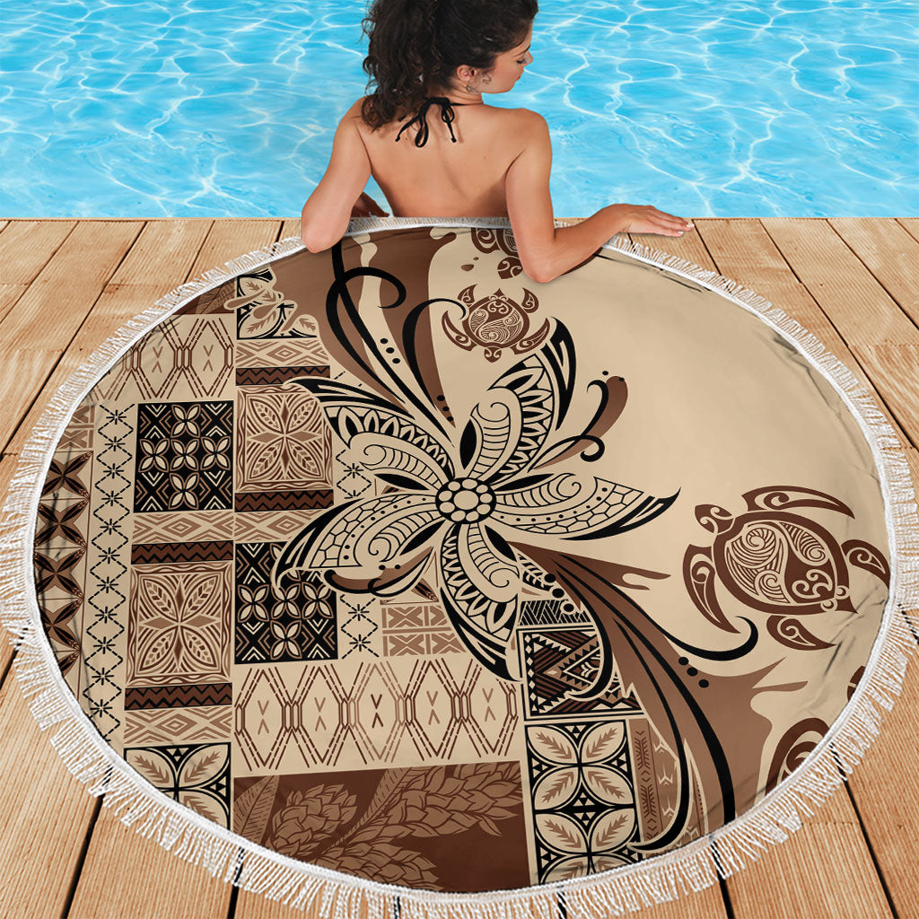 Talofa Samoa Mamanu Siapo Mix Malu Beach Blanket Classic Beige Frangipani and Turtles