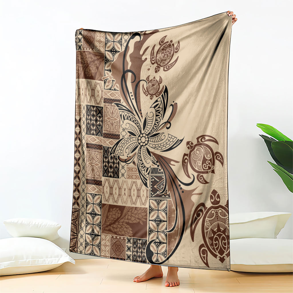 Talofa Samoa Mamanu Siapo Mix Malu Blanket Classic Beige Frangipani and Turtles