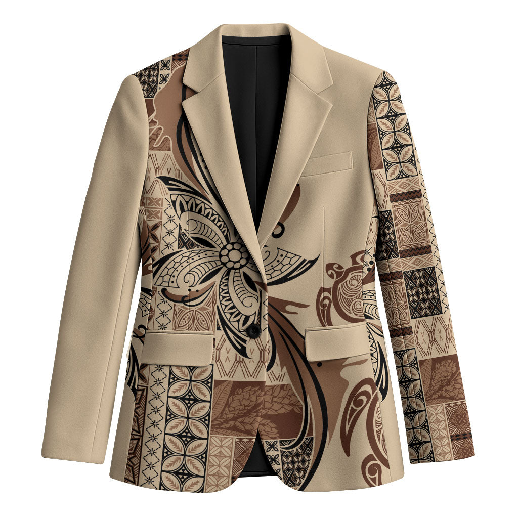 Talofa Samoa Mamanu Siapo Mix Malu Blazer Classic Beige Frangipani and Turtles