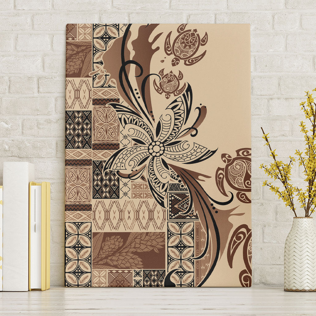 Talofa Samoa Mamanu Siapo Mix Malu Canvas Wall Art Classic Beige Frangipani and Turtles LT7 Without Frame Beige - Polynesian Pride