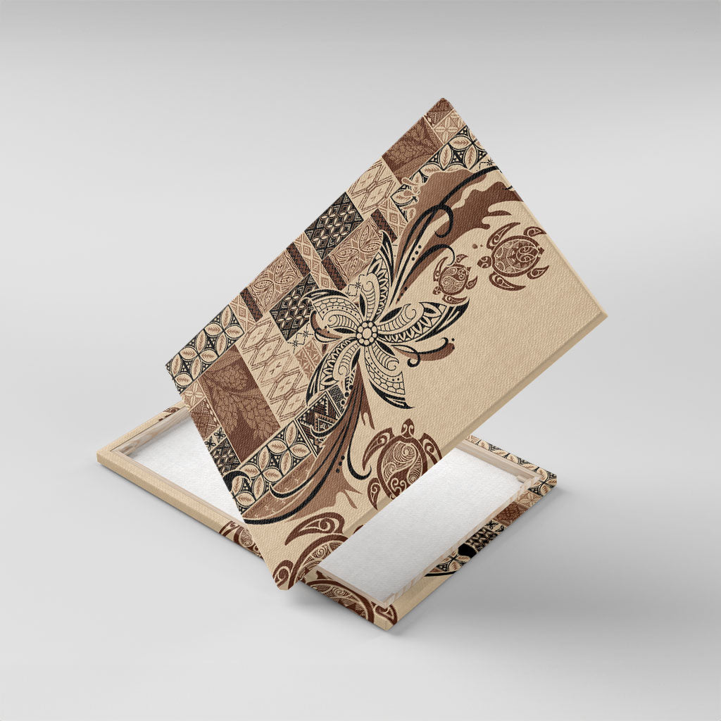 Talofa Samoa Mamanu Siapo Mix Malu Canvas Wall Art Classic Beige Frangipani and Turtles LT7 With Frame Beige - Polynesian Pride