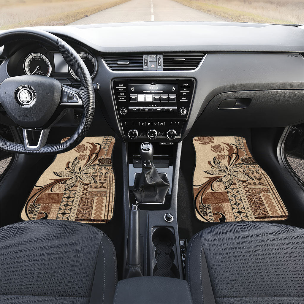 Talofa Samoa Mamanu Siapo Mix Malu Car Mats Classic Beige Frangipani and Turtles LT7 Set 2pcs - Front Beige - Polynesian Pride