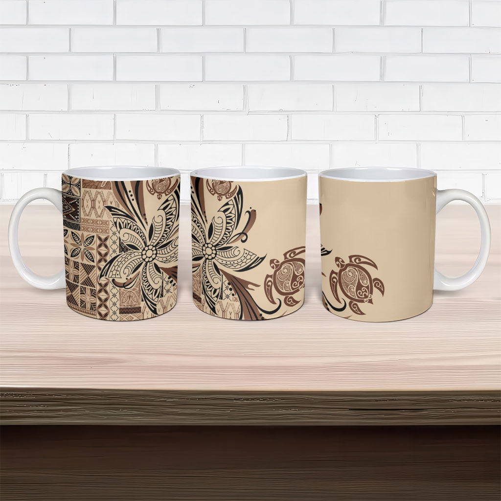 Talofa Samoa Mamanu Siapo Mix Malu Ceramic Mug Classic Beige Frangipani and Turtles
