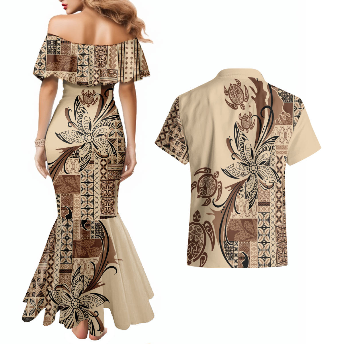 Talofa Samoa Mamanu Siapo Mix Malu Couples Matching Mermaid Dress and Hawaiian Shirt Classic Beige Frangipani and Turtles