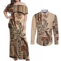 Talofa Samoa Mamanu Siapo Mix Malu Couples Matching Off Shoulder Maxi Dress and Long Sleeve Button Shirt Classic Beige Frangipani and Turtles