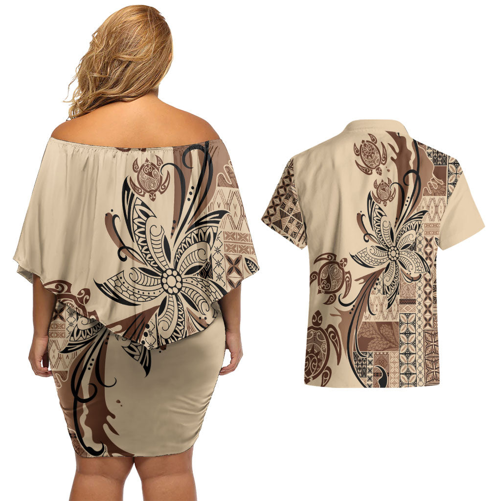 Talofa Samoa Mamanu Siapo Mix Malu Couples Matching Off Shoulder Short Dress and Hawaiian Shirt Classic Beige Frangipani and Turtles