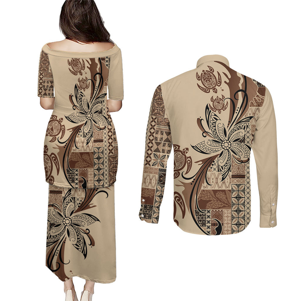Talofa Samoa Mamanu Siapo Mix Malu Couples Matching Puletasi and Long Sleeve Button Shirt Classic Beige Frangipani and Turtles LT7 - Polynesian Pride