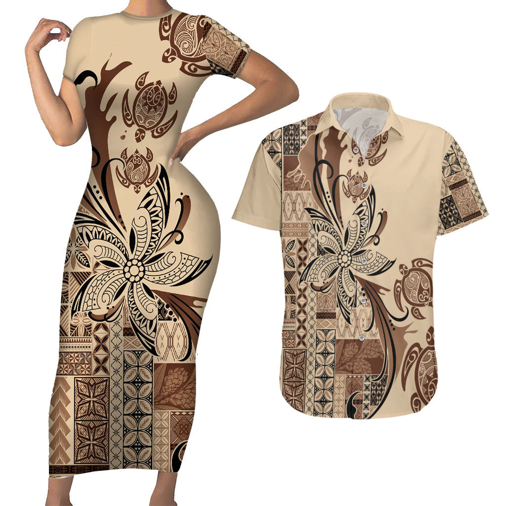 Talofa Samoa Mamanu Siapo Mix Malu Couples Matching Short Sleeve Bodycon Dress and Hawaiian Shirt Classic Beige Frangipani and Turtles