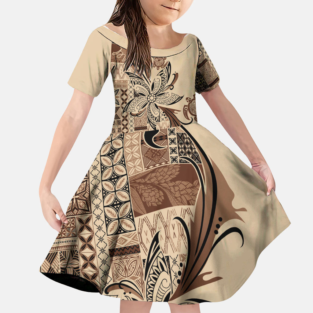 Talofa Samoa Mamanu Siapo Mix Malu Family Matching Off Shoulder Maxi Dress and Hawaiian Shirt Classic Beige Frangipani and Turtles