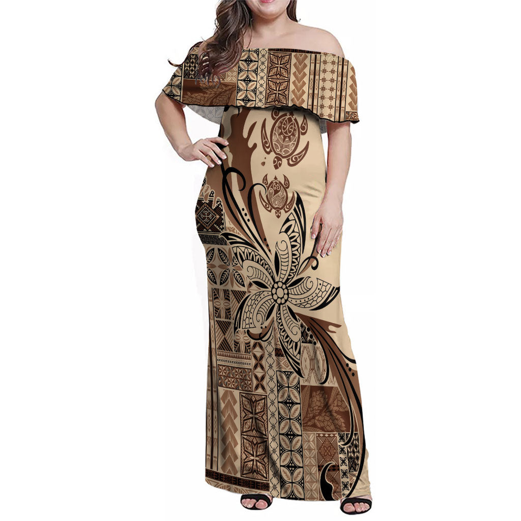 Talofa Samoa Mamanu Siapo Mix Malu Family Matching Off Shoulder Maxi Dress and Hawaiian Shirt Classic Beige Frangipani and Turtles