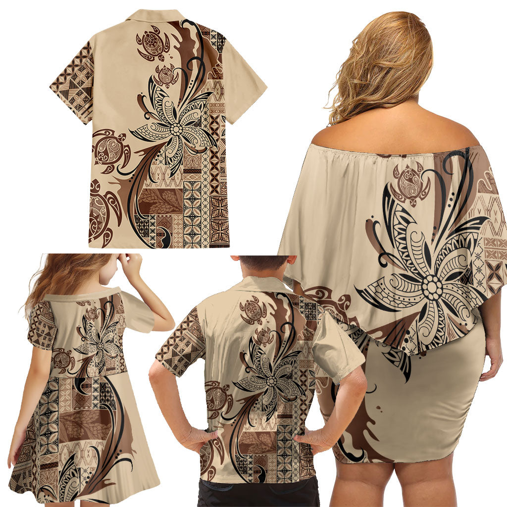 Talofa Samoa Mamanu Siapo Mix Malu Family Matching Off Shoulder Short Dress and Hawaiian Shirt Classic Beige Frangipani and Turtles