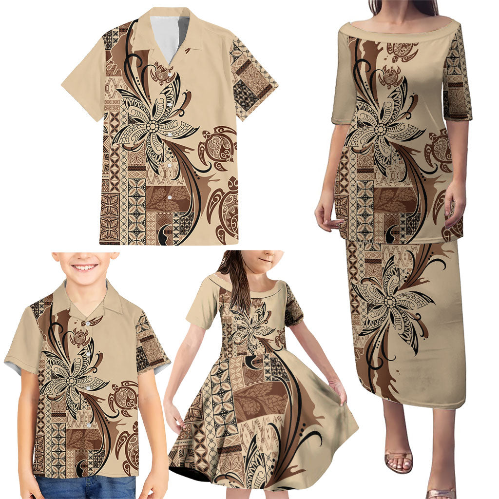 Talofa Samoa Mamanu Siapo Mix Malu Family Matching Puletasi and Hawaiian Shirt Classic Beige Frangipani and Turtles