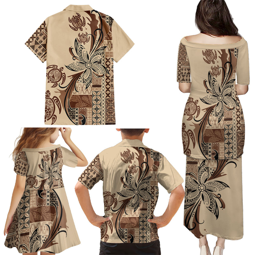 Talofa Samoa Mamanu Siapo Mix Malu Family Matching Puletasi and Hawaiian Shirt Classic Beige Frangipani and Turtles
