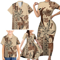 Talofa Samoa Mamanu Siapo Mix Malu Family Matching Short Sleeve Bodycon Dress and Hawaiian Shirt Classic Beige Frangipani and Turtles