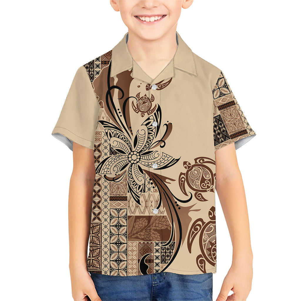 Talofa Samoa Mamanu Siapo Mix Malu Family Matching Short Sleeve Bodycon Dress and Hawaiian Shirt Classic Beige Frangipani and Turtles