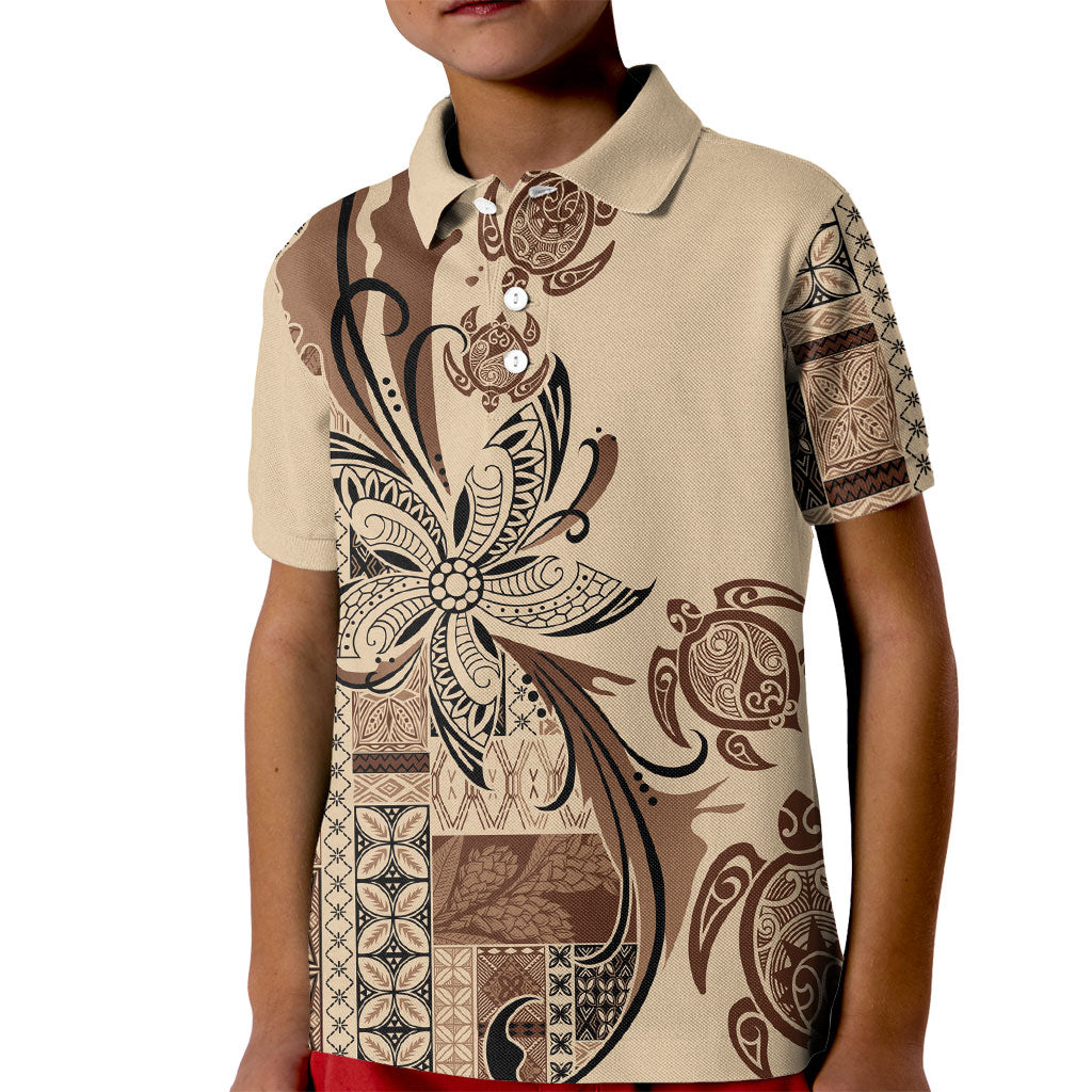Talofa Samoa Mamanu Siapo Mix Malu Kid Polo Shirt Classic Beige Frangipani and Turtles LT7 Kid Beige - Polynesian Pride