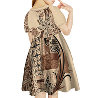 Talofa Samoa Mamanu Siapo Mix Malu Kid Short Sleeve Dress Classic Beige Frangipani and Turtles LT7 - Polynesian Pride