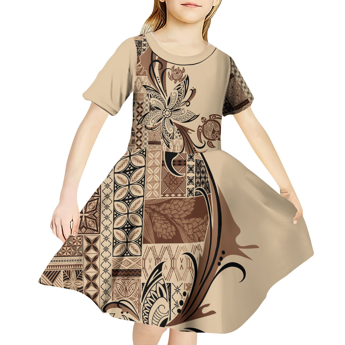 Talofa Samoa Mamanu Siapo Mix Malu Kid Short Sleeve Dress Classic Beige Frangipani and Turtles LT7 - Polynesian Pride