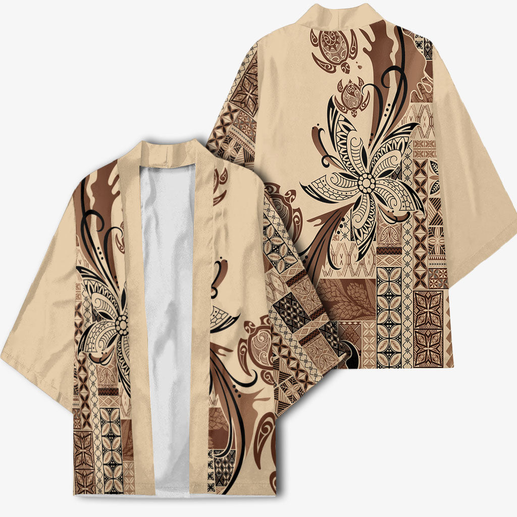 Talofa Samoa Mamanu Siapo Mix Malu Kimono Classic Beige Frangipani and Turtles LT7 - Polynesian Pride