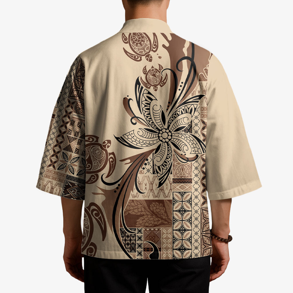 Talofa Samoa Mamanu Siapo Mix Malu Kimono Classic Beige Frangipani and Turtles LT7 - Polynesian Pride