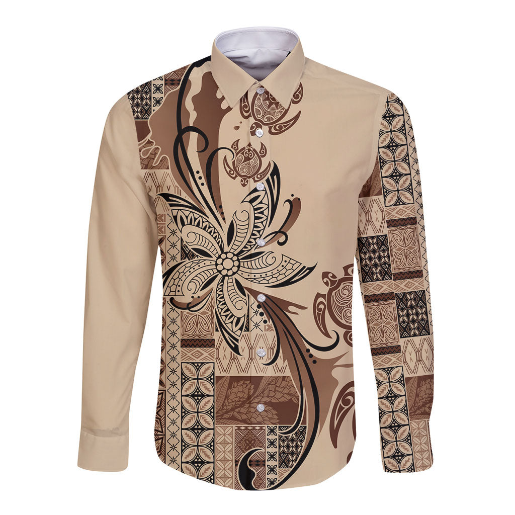 Talofa Samoa Mamanu Siapo Mix Malu Long Sleeve Button Shirt Classic Beige Frangipani and Turtles