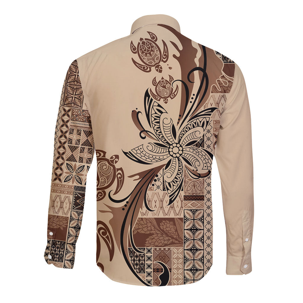 Talofa Samoa Mamanu Siapo Mix Malu Long Sleeve Button Shirt Classic Beige Frangipani and Turtles