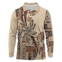 Talofa Samoa Mamanu Siapo Mix Malu Long Sleeve Polo Shirt Classic Beige Frangipani and Turtles LT7 Beige - Polynesian Pride