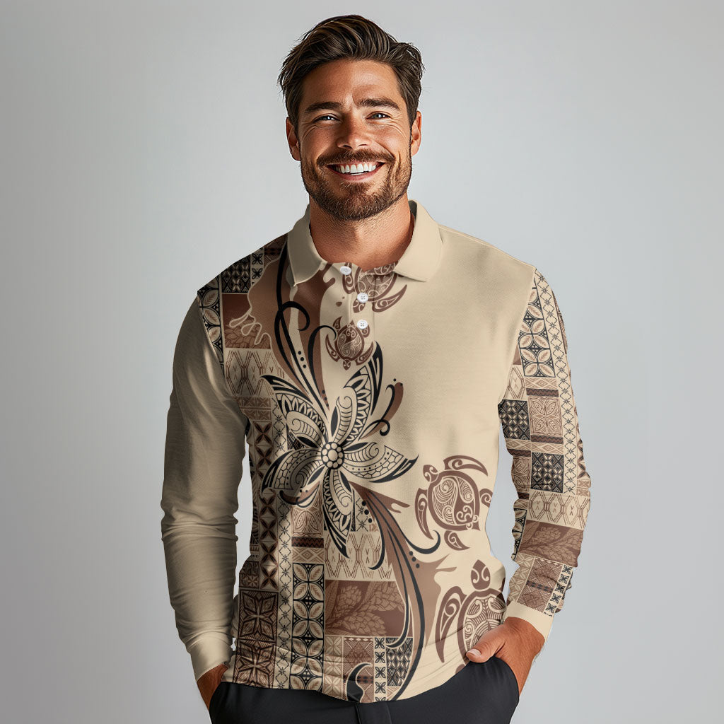 Talofa Samoa Mamanu Siapo Mix Malu Long Sleeve Polo Shirt Classic Beige Frangipani and Turtles LT7 - Polynesian Pride