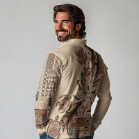 Talofa Samoa Mamanu Siapo Mix Malu Long Sleeve Polo Shirt Classic Beige Frangipani and Turtles LT7 - Polynesian Pride