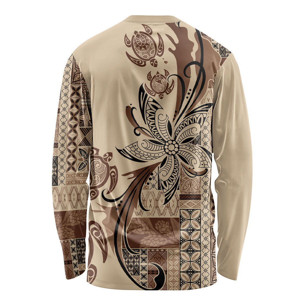 Talofa Samoa Mamanu Siapo Mix Malu Long Sleeve Shirt Classic Beige Frangipani and Turtles